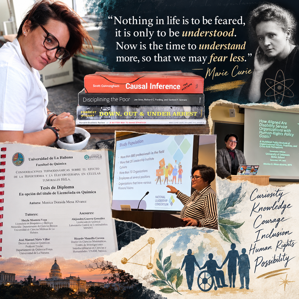 A collage reflecting Monica Mesa-Alvarez's journey from chemistry to disability policy, research, and inclusion